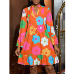 Floral Print Bell Sleeve Shirt Dress -XL