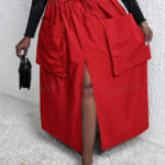 Red Drawstring Waist with Pockets Split Thigh Skirt -XL