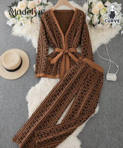 Brown 2-piece Geometric knit Sweater Pants Set