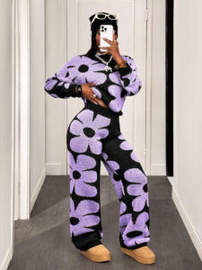 Floral Print 2-Piece Knit-XL Purple